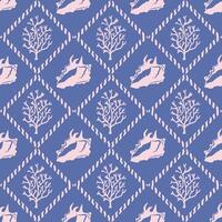 Seamless pattern with shells and corals. Pink silhouettes on a blue background, geometric diamond pattern. Vintage background for textiles, covers, wrappers. vector