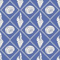 Seamless marine pattern with shell silhouettes. Beige on a dark blue background. Symmetrical, geometric ornament for textiles, paper and decoration of products. vector