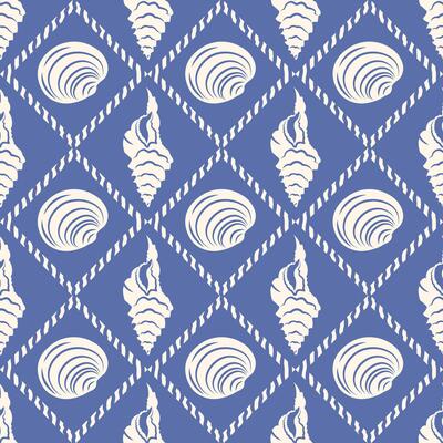 Seamless marine pattern with shell silhouettes. Beige on a dark blue background. Symmetrical, geometric ornament for textiles, paper and decoration of products.