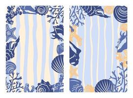 A set of vertical templates with shell and coral frames. Trendy, vintage style with vertical stripes and blue silhouettes. vector