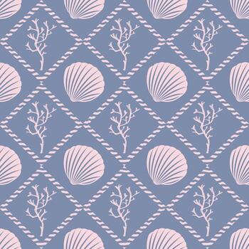 Seamless pattern with silhouettes of shells and corals, marine style. Symmetrical ornament with a background of diamonds, pink on a gray blue background. vector