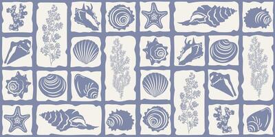Marine pattern with silhouettes of shells and algae in a mosaic style. Suitable for decorating various products. vector