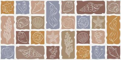 Shell pattern in mosaic style. Contour hand drawing on colored tiles. Suitable for decorating various products. vector