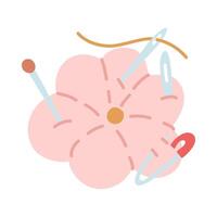 illustration of a needle cushion, a pin, a flower-shaped thread, and a cloud. Flat color illustration. Sewing equipment. Needle cushion. Handmade symbol, craft. Handmade, vector