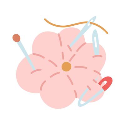 illustration of a needle cushion, a pin, a flower-shaped thread, and a cloud. Flat color illustration. Sewing equipment. Needle cushion. Handmade symbol, craft. Handmade,