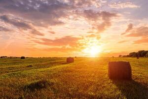 Sunset or dawn over hay bales in a field. Golden light bathes the landscape, creating a tranquil scene. For agriculture, travel and inspiring greeting card designs. photo