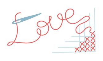 A cross-stitched line with a needle and thread labeled love. A flat, colored illustration of the cross-stitching process. Love for cross-stitching, the process of work. a line of crosses vector