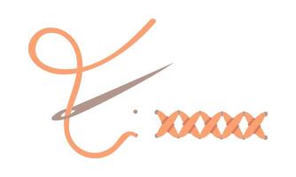 The stitch is embroidered with a needle and thread. A flat color illustration of the embroidery process. Embroidery or sewing textures, the embroidery process. The line of crosses vector