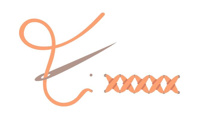 The stitch is embroidered with a needle and thread. A flat color illustration of the embroidery process. Embroidery or sewing textures, the embroidery process. The line of crosses