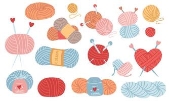 set of multicolored diverse yarns with knitting needles and labels of various shapes. collection of handmade products. cozy atmosphere. Flat color illustrations. Knitting, needlework, prints, hobbies vector