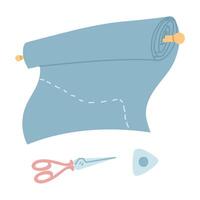 Roll of fabric with trim marks, scissors, and a pencil. A flat, color-coded illustration of items for cutting. Perfect for sewing, crafting, or textile-related projects. Handcrafted, process-oriented vector
