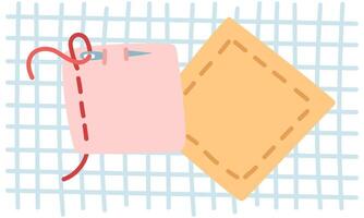 Two patches of different fabrics are sewn onto each other. One is sewn on, other is sewn on with a needle. Cute patches. Flat color illustration. Colored fabrics on a checkered base. Care, handwork vector