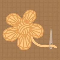 An embroidered flower on a fabric as a patch. A flat color illustration of an unfinished single flower in yellow on a checkered background. needle and thread. The process of work, handwork, and care vector