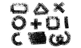 Geometric shapes with grunge-style lines. Unusual badge design with poor printing. objects. The geometric shape of line, created with wide, dry brush, is poorly printed with black line on white vector