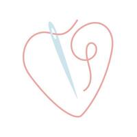 sewing needle with a pink thread lies in the shape of a heart. line of love. Love for sewing, embroidery, handicrafts. flat color illustration. hobby, creative activity, profession, and symbol of love vector