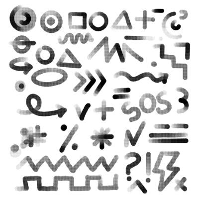 Design of the shape elements. Geometric abstract isolated black elements, graphic Memphis style line, pop art, halftone geometry of arrows. Fashionable dots and grid. Minimalist set of black dots