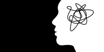 Human head silhouette with tangled lines inside, symbolizing confused thoughts, anxiety, or mental health struggles. Ideal for topics of stress, overthinking, and psychology vector
