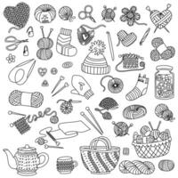 Knitting set includes yarn balls, knitting needles, accessories. Flat doodle illustration. Linear illustration of objects for creating handmade items. design, workshops, blogs about crafts and hobbies vector