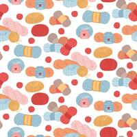 Pattern with multi colored and diverse yarn for knitting with labels of various shapes. Seamless texture handmade products. Cozy atmosphere. Flat color. Knitting, needlework, product prints, hobbies vector