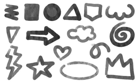 Geometric shapes with abstract striped strokes. Geometry, nature, cloud, lightning, heart, crown. Stripes in the shape of geometric objects. illustration, hand-drawn shading vector