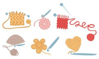 set with crocheted items. napkin, flower, hat, scarves. Needles and hooks. cozy atmosphere. handmade. flat colored isolated illustration. postcards, social media posts, themes of care and coziness vector
