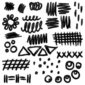 set of watercolor line textures in black, gray. Ink, grunge brush for frames and lines as an element of design. Dots, lines, stripes, circles, crosses, triangles. Pictures for banners, textures vector