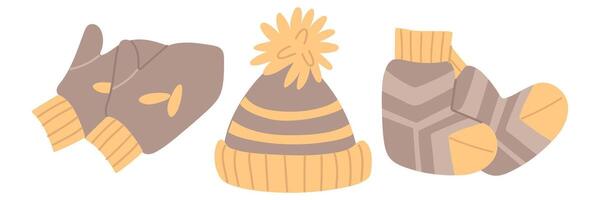 set of knitted winter accessories in brown with stripes. Mittens, hat with a pompom, and an unfinished knitted scarf. Flat color illustration. Suitable for blogs, articles, postcards, and handicrafts vector