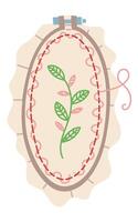 Oval embroidery hoop with embroidered flower branch on a canvas with a frame. Flat color illustration. Embroidery process. Handmade. drawn illustration. Isolated object. Handmade embroidery vector