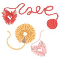 set of yarn wrapped around heart, circle for creating pompoms, with colored heart shaped yarn balls, and word love. cozy atmosphere. Handmade. For postcards, posts, and themes of care and coziness vector