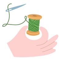 hand holds a ball of thread with a sewing needle. Preparing for sewing. Flat color illustration. Hobby, handwork, needlework. Needlework, favorite creative hobbies. Profession, work, creative endeavor vector