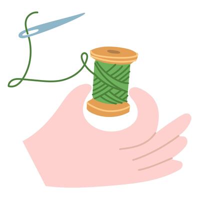 hand holds a ball of thread with a sewing needle. Preparing for sewing. Flat color illustration. Hobby, handwork, needlework. Needlework, favorite creative hobbies. Profession, work, creative endeavor