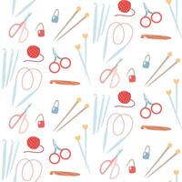 Pattern with knitting items. Pins, straight and twisted knitting needles, various hooks, and scissors. Seamless flat color texture. Suitable for infographics, templates, packaging design, workshops vector