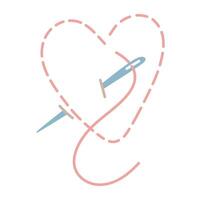 needle with a red-threaded heart embroidery. heart is embroidered with a dot stitch. Handmade. flat color illustration. Love for sewing, embroidery, handicrafts. hobby, creative, symbol of love vector