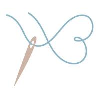 sewing needle with a blue thread lies in the shape of a heart. line of love. Love for sewing, embroidery, handicrafts. flat color illustration. hobby, creative activity, profession, and symbol of love vector