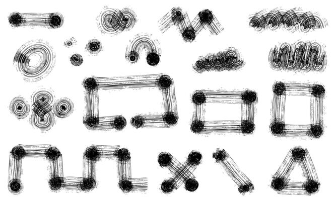 Geometric shapes with grunge-style lines. Badly printed icons. objects. A geometric shape with rounded corners, created with a wide, dry brush, is poorly printed with a black line on a white