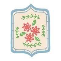 An unusual embroidery frame with embroidered flowers on a canvas with leaves. Flat color illustration. Ready-made, handcrafted. drawn illustration. Isolated object. Handmade embroidery vector