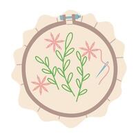 Round embroidery hoops with embroidered flowers on a canvas. Flat color illustration. Flowers in the process of embroidery with needle. drawn illustration. Isolated object. Handmade embroidery vector
