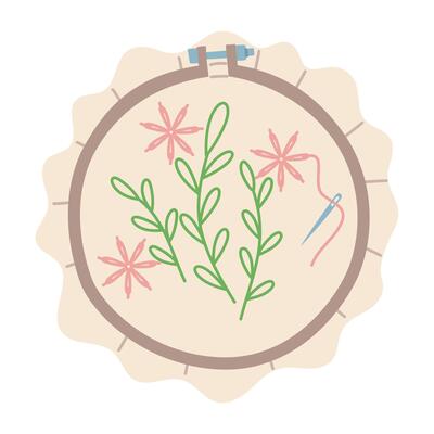 Round embroidery hoops with embroidered flowers on a canvas. Flat color illustration. Flowers in the process of embroidery with needle. drawn illustration. Isolated object. Handmade embroidery