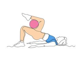 A girl does exercises, gymnastics, Pilates, aerobics lying with gym ball. continuous single one line art hand drawing sketch logo vector