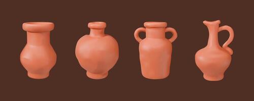 Set of 3D Clay Pots and Vases on Dark Background vector