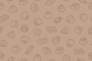 Seamless pattern of chocolate candies in doodle style. Different types of chocolate on beige background. Hand drawn illustration. vector