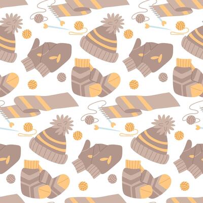 Pattern of striped brown knitted winter accessories. Mittens, a hat with a pompom, and an unfinished knitted scarf. Seamless flat color texture. Suitable for blogs, articles, postcards, and crafts