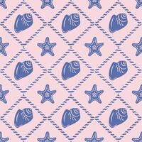 Seamless sea pattern with shell silhouettes and starfish. Blue on a pink background. Symmetrical, geometric ornament for textiles, paper and decoration of products. vector