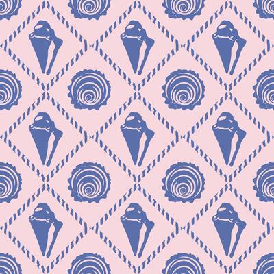Seamless shell pattern. Blue silhouettes on a pink background, geometric diamond pattern. Vintage background for textiles, covers, wrappers.