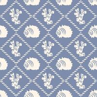 Seamless pattern with shells and corals. Light silhouettes on a gray blue background, geometric diamond pattern. Vintage background for textiles, covers, wrappers. vector