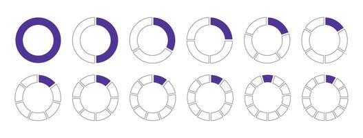 Circles divided diagram 1, 2, 3, 10, 7, 8, 9, 10, 11, 12 equal parts. Graph icons. Pie, pizza section charts. Coaching blank template, lilac color. Set of segments wheel round divide infographic. vector