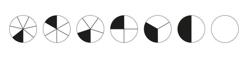 Donut charts segmented on from 1 to 7 equal parts. Diagrams infographic. Circle section minimalist graph. Black and white wheels divided in sections. Pizza, pie chart round icons. Coaching blank. vector