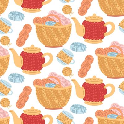 Pattern knitted lid for a ceramic teapot, mugs next to a bag filled with yarn. Cozy atmosphere, handcrafted. Seamless color texture. Chaotic packaging, social media posts, themes of care, comfort