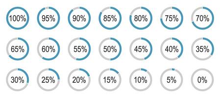 Round simple diagrams icons for infographics from 0 to 100 percent. Blue, grey color fill divided pie charts indicators. Percentage infographics minimal elements. Circle graph loading progress. vector