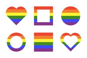 Rainbow flag backdrops. Gay pride frames. Progress Logo symbol. LGBT icons. Stickers in rainbow colors. Circle, square, heart badge, push button. Template flat design. vector
